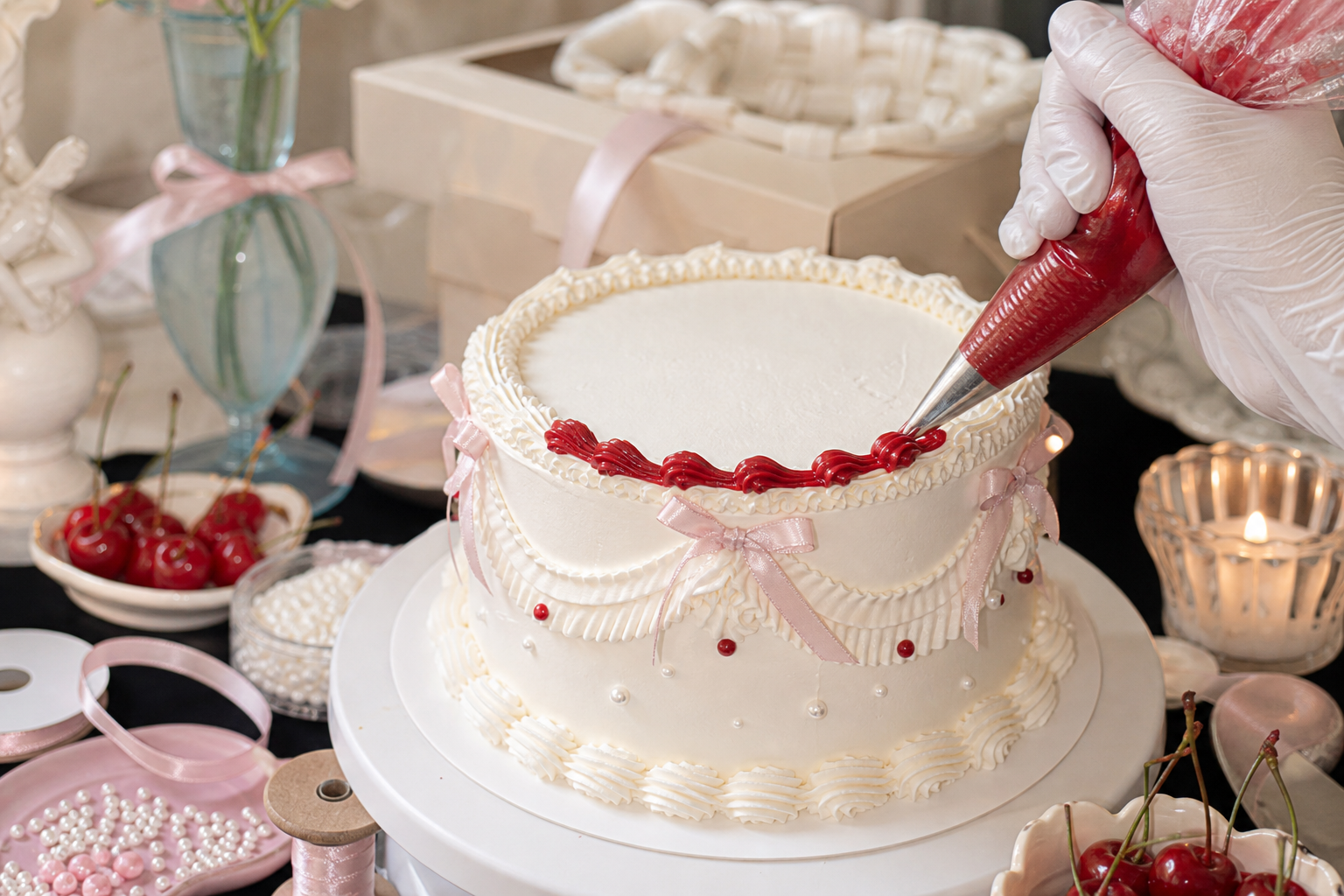 A gloved hand piping glossy red icing onto a white vintage buttercream cake.